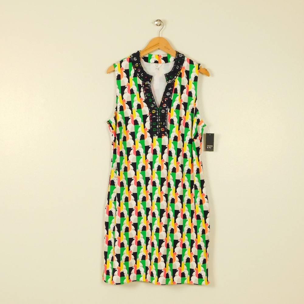 Crown & Ivy Shift Dress Elephant Print 12W Casual Knit Crochet Coastal Resort